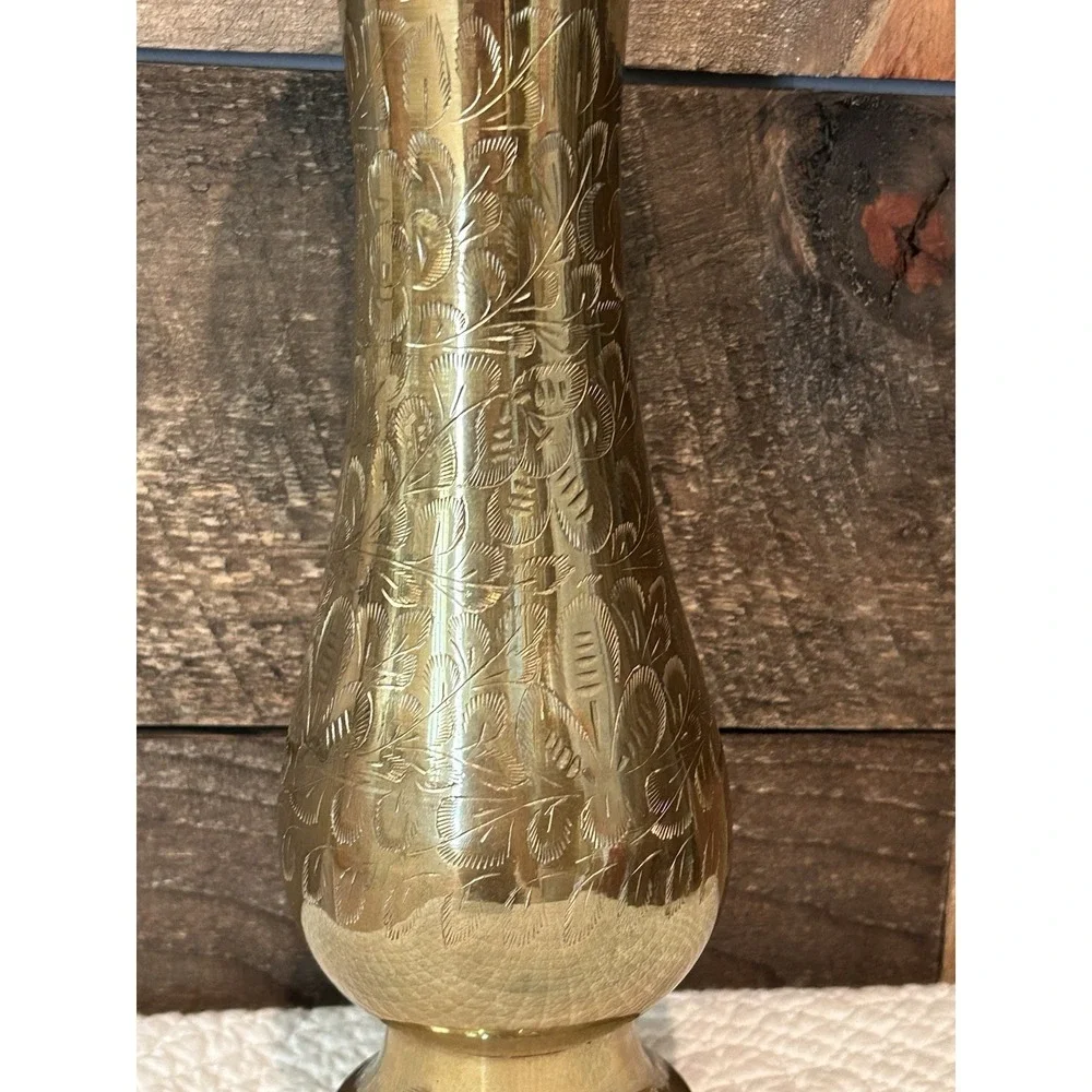 Solid Brass Vase Etched Floral Leaf Design 9.5